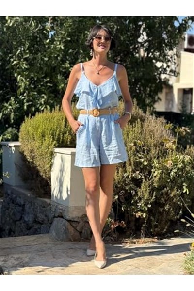 NC31621 Önü Fırfırlı Keten İtalyan Şortlu Takım Bebemavi