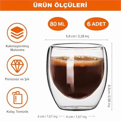 Needd Çift Katmanlı Espresso Cam Bardak Seti 6lı 80 ml | Borosilikat Double Wall Isı Yalıtımlı Şeffaf Kahve Bardağı | Espresso ve Ristretto için