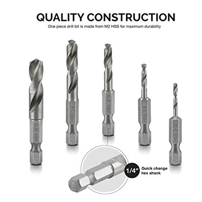 NEIKO 11402A küt matkap ucu seti, metal için, 5 parça, 1/4 inç hızlı değiştirilen altıgen şaft | M2 yüksek hızlı çelik | hızlı değiştirme mandren ve tahrik değişimi için | matkap ucu tutucu dahildir