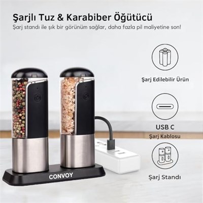 Neo Şarjlı Stantlı Karabiber, Tuz Öğütücü, Şarjlı Otomatik Tuz Öğütücü, 3 Kademe Ayarlı Baharat Değirmeni, LED Işıklı Tuzluk & Biberlik, Portatif Her Alana Uygun Kullanım