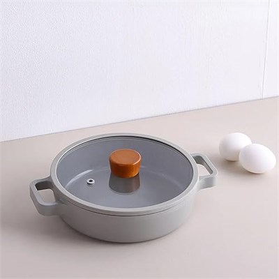 Neoflam Fika Cam Kapaklı Alüminyum Gri Döküm Sığ Tencere 26 cm D-NEOG226