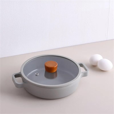 Neoflam Fika Cam Kapaklı Alüminyum Gri Döküm Sığ Tencere 26 cm D-NEOG226