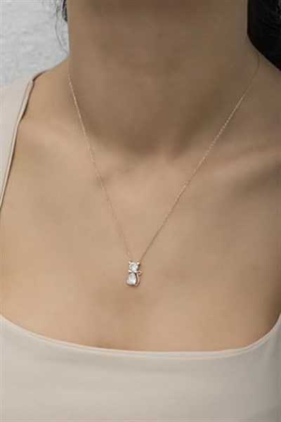 NEREZE 925 Ayar Gümüş Beyaz Zirkon Taşlı Kedi Kolye