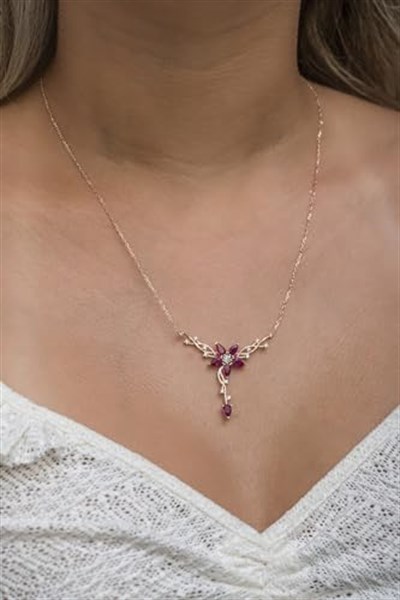 NEREZE 925 Ayar Gümüş Daldaki Gonca Pembe Çiçek Kolye