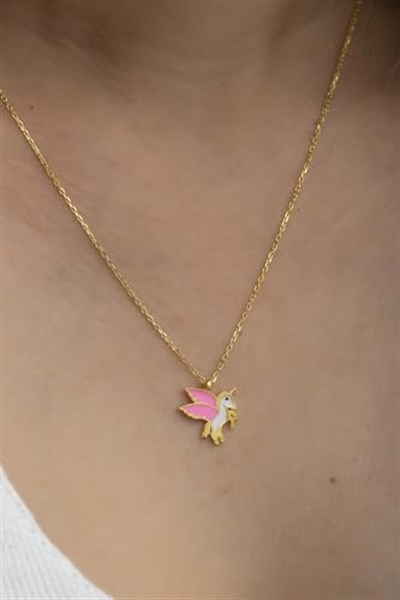 NEREZE 925 Ayar Gümüş Gold Pembe Mineli Unicorn Kolye