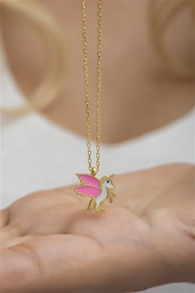 NEREZE 925 Ayar Gümüş Gold Pembe Mineli Unicorn Kolye