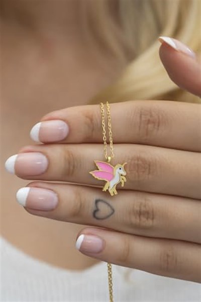 NEREZE 925 Ayar Gümüş Gold Pembe Mineli Unicorn Kolye