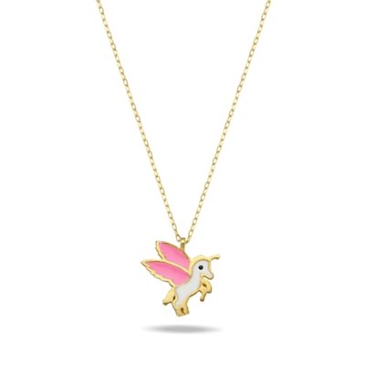 NEREZE 925 Ayar Gümüş Gold Pembe Mineli Unicorn Kolye