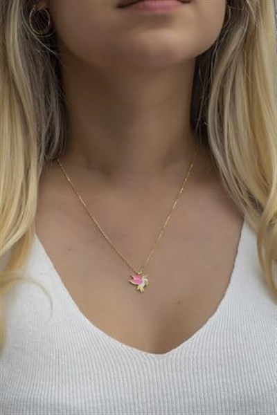 NEREZE 925 Ayar Gümüş Gold Pembe Mineli Unicorn Kolye