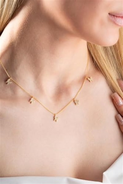 NEREZE 925 Ayar Gümüş Gold Zirkon Taşlı Şans Kelebek Kolye