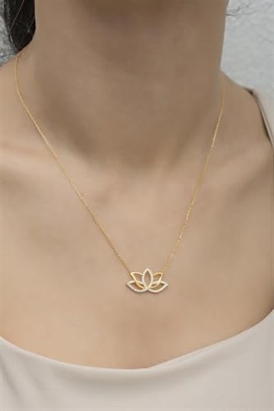 NEREZE 925 Ayar Gümüş Gold Zirkon Taşlı Lotus Çiçeği Kolye