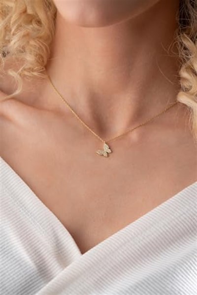 NEREZE 925 Ayar Gümüş Gold Zirkon Taşlı Minik Kelebek Kolye