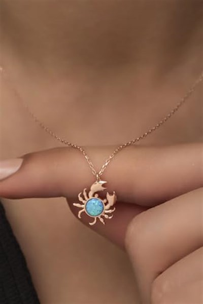 NEREZE 925 Ayar Gümüş Mavi Opal Taşlı Yengeç Kolye