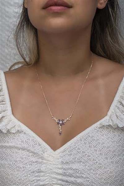 NEREZE 925 Ayar Gümüş Rose Daldaki Gonca Mor Çiçek Kolye