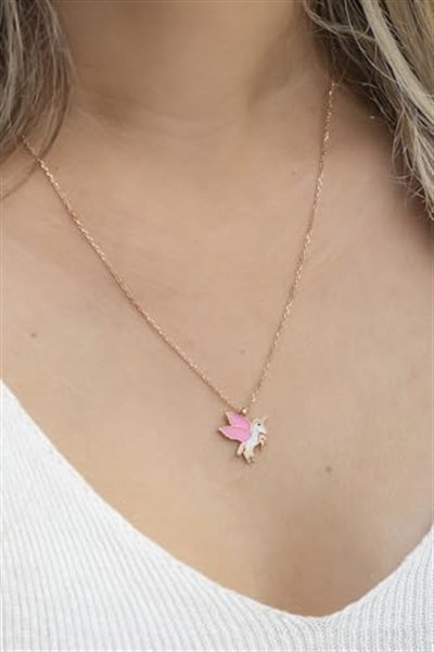 NEREZE 925 Ayar Gümüş Rose Pembe Mineli Unicorn Kolye