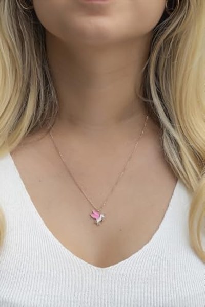 NEREZE 925 Ayar Gümüş Rose Pembe Mineli Unicorn Kolye