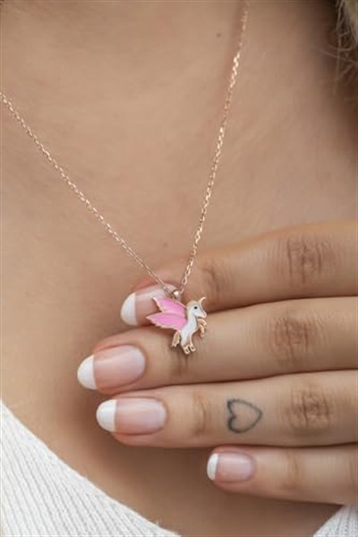 NEREZE 925 Ayar Gümüş Rose Pembe Mineli Unicorn Kolye