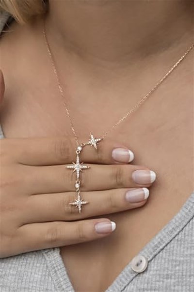 NEREZE 925 Ayar Gümüş Rose Zirkon Taşlı 3Lü Kutup Yıldızı Kolye
