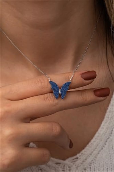 NEREZE 925 Ayar Mavi Kelebek Kadın Gümüş Kolye
