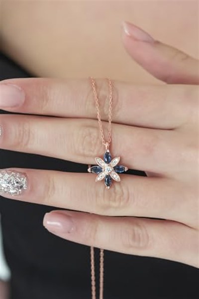 NEREZE 925 Ayar Mavi Taşlı Çiçek Kadın Gümüş Kolye