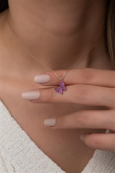 NEREZE 925 Ayar Minik Pembe Kelebek Kolye Kadın Gümüş Kolye