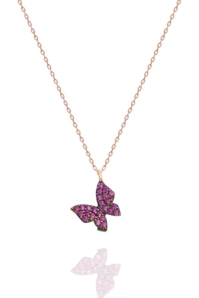 NEREZE 925 Ayar Minik Pembe Kelebek Kolye Kadın Gümüş Kolye