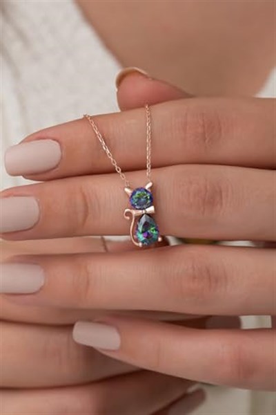 NEREZE 925 Ayar Mistik Topaz Taşlı Kedi Kolye Kadın Gümüş Kolye