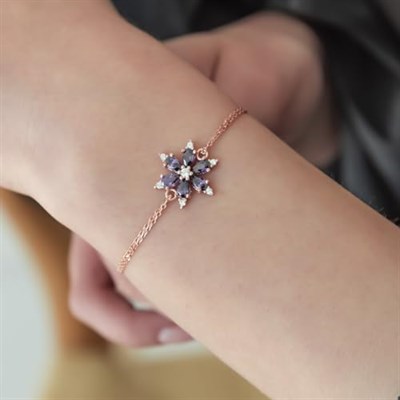 NEREZE 925 Ayar Mor Taşlı Çiçek Modeli Bileklik Kadın Gümüş Bileklik