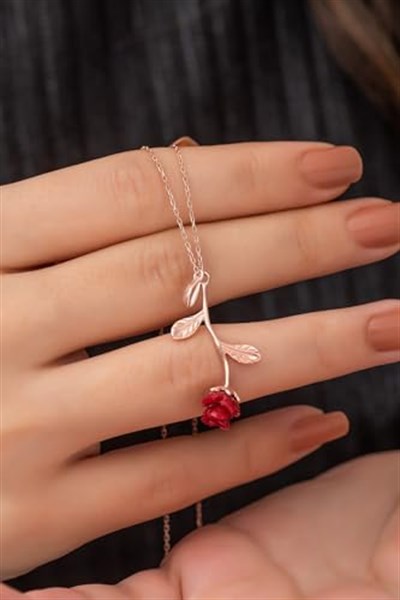 NEREZE 925 Ayar Rose Kırmızı Gül Kolye Kadın Gümüş Kolye