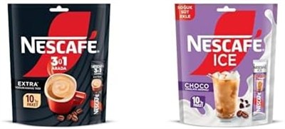 Nescafé 3ü 1 Arada Extra Çözünebilir Kahve Karışımı 10lu Paket (10 x 16,5 g) ve NESCAFÉ Milky Ice Choco Çikolata Aromalı 10lu Paket (10x10.6 G)