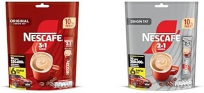 NESCAFÉ 3ü 1 Arada Original Çözünebilir Kahve Karışımı 10lu Paket (10 x 17,5 g) ve 2si 1 Arada Çözünebilir Kahve Karışımı 10lu Paket (10 x 10 g)