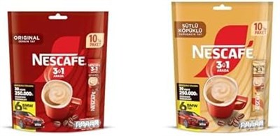 NESCAFÉ 3ü 1 Arada Original Çözünebilir Kahve Karışımı 10lu Paket (10 x 17,5 g) ve 3ü 1 Arada Sütlü Köpüklü Çözünebilir Kahve Karışımı 10lu, 17,4 g