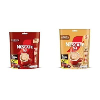 NESCAFÉ 3ü 1 Arada Original Çözünebilir Kahve Karışımı 10lu Paket (10 x 17,5 g) ve 3ü 1 Arada Sütlü Köpüklü Çözünebilir Kahve Karışımı 10lu, 17,4 g