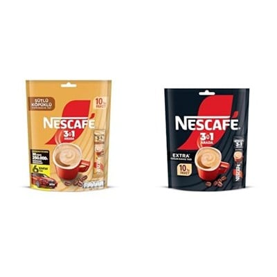 Nescafé 3ü 1 Arada Sütlü Köpüklü Çözünebilir Kahve Karışımı 10lu, 17,4 g ve Nescafé 3ü 1 Arada Extra Çözünebilir Kahve Karışımı 10lu Paket (10 x 16,5 g)