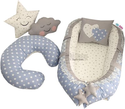 Nest Mavi Yıldızlı Jaju-babynest Anne Yanı Ve Emzirme Yastığı 5li Set