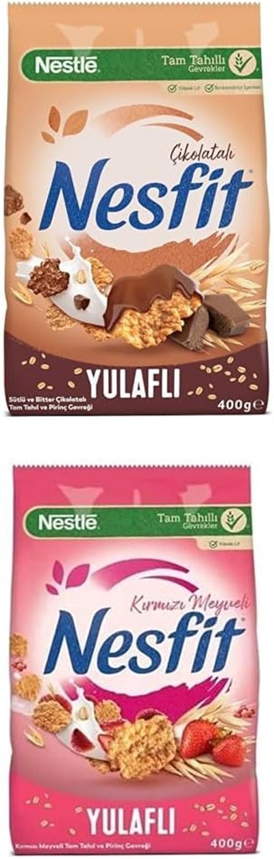 Nestlé Nesfit Çikolatalı Tam Buğday ve Pirinç Gevreği, 400 g & Nestlé Nesfit Kırmızı Meyveli Tam Tahıl ve Pirinç Gevreği, 400 g