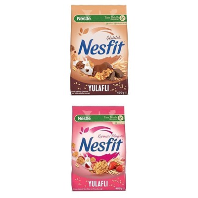 Nestlé Nesfit Çikolatalı Tam Buğday ve Pirinç Gevreği, 400 g & Nestlé Nesfit Kırmızı Meyveli Tam Tahıl ve Pirinç Gevreği, 400 g