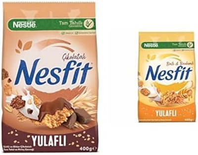 Nestlé Nesfit Çikolatalı Tam Tahıl ve Pirinç Gevreği 400 g ve Nestlé Nesfit Ballı ve Bademli Tam Tahıl ve Pirinç Gevreği 400 g