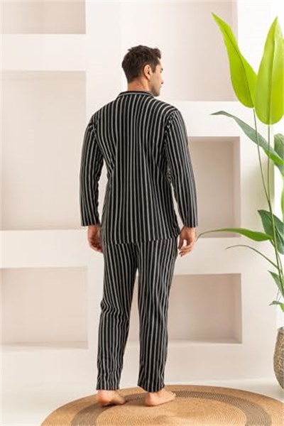 Nisanca Erkek Jakarlı Düğmeli Pamuk Pijama Takımı- Çizgili Erkek Pijama