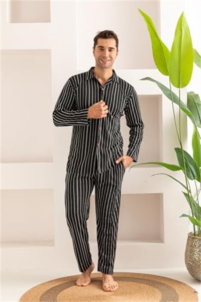 Nisanca Erkek Jakarlı Düğmeli Pamuk Pijama Takımı- Çizgili Erkek Pijama