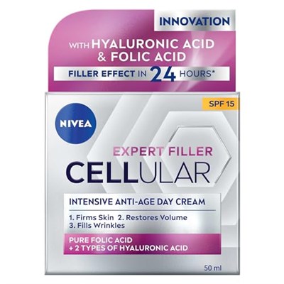NIVEA Cellular Expert Filler Yoğun Yaşlanma Karşıtı Gündüz Bakım Yüz Kremi 50 ml, Hyaluronik Asit ve Folik Asit, SPF15 Güneş Koruması - Seçenekler: Tek Ebat (3 paketi), Tek Ebat