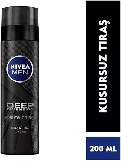 NIVEA MEN Erkek Deep Dimension Tıraş Köpüğü 200 ml, Kusursuz Tıraş,Aktif Karbon, Kaygan Tıraş Deneyimi