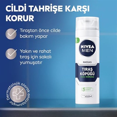 NIVEA MEN Erkek Hassas Tıraş Köpüğü 200 ml, Hassas Ciltlere Özel Hızlı Koruma, Yanma Karşıtı, Alkolsüz Formül