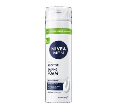 NIVEA MEN Erkek Hassas Tıraş Köpüğü 200 ml, Hassas Ciltlere Özel Hızlı Koruma, Yanma Karşıtı, Alkolsüz Formül