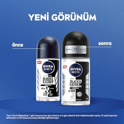 NIVEA MEN Erkek Roll On Deodorant Black&White Invisible Original 50 ml,72 Saat Anti-perspirant Terleme ve Ter Kokusuna Karşı Koruma,Giysilerde Leke Karşıtı,Erkeksi Koku,Etil Alkol İçermez