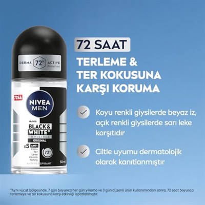 NIVEA MEN Erkek Roll On Deodorant Black&White Invisible Original 50 ml,72 Saat Anti-perspirant Terleme ve Ter Kokusuna Karşı Koruma,Giysilerde Leke Karşıtı,Erkeksi Koku,Etil Alkol İçermez
