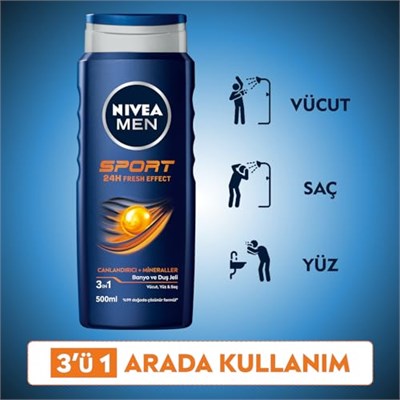 NIVEA MEN Erkek Sports Duş Jeli, 500 ml, 3ü 1 Arada Kullanım, Vücut, Yüz ve Saç, 24 Saat Ferahlık, Enerji Veren Koku - Seçenekler: 500 Ml, 500 Ml (2 paketi)