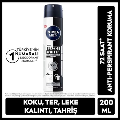 NIVEA MEN Erkek Sprey Deodorant Black&White Invisible Original 200 ml, 72 Saat Anti-perspirant Ter Koruması,Ekonomik Boy