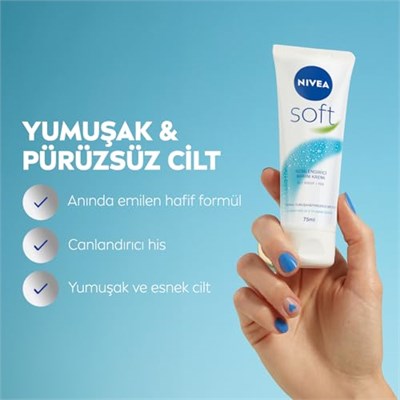 NIVEA Soft Krem 75 ml, Nemlendirici Bakım Kremi, Yüz, Vücut, El, Jojoba Yağı ve E Vitamini ile Cilt Bakımı, Anında Emilen Hafif Formül, Tüm Ciltler için