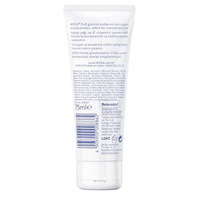 NIVEA Soft Krem 75 ml, Nemlendirici Bakım Kremi, Yüz, Vücut, El, Jojoba Yağı ve E Vitamini ile Cilt Bakımı, Anında Emilen Hafif Formül, Tüm Ciltler için